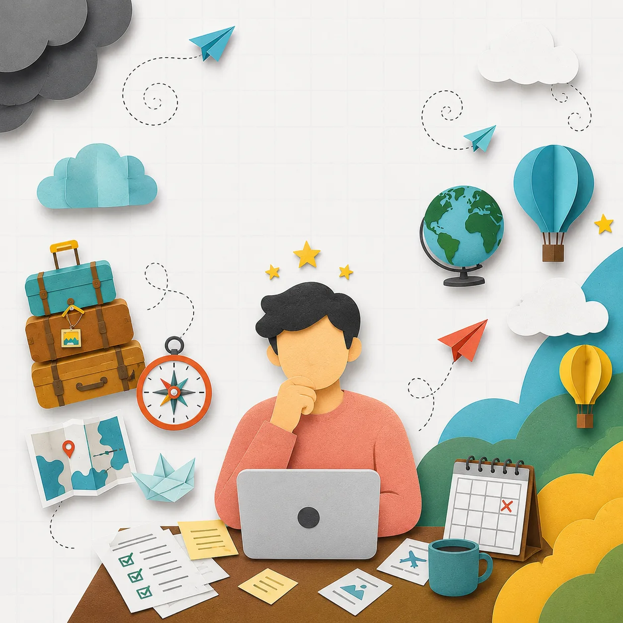 Illustration: a traveller overwhelmed by planning at their desk