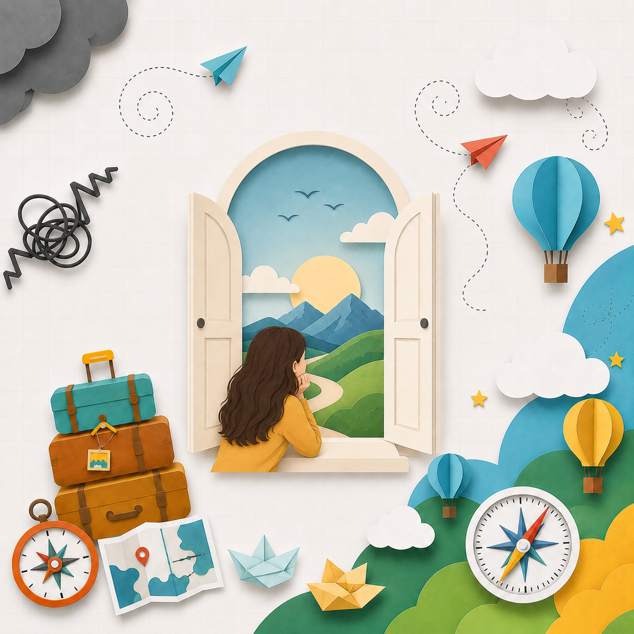 An illustration of a traveler dreaming of adventure with mountains, hot air balloons, planes, and travel gear